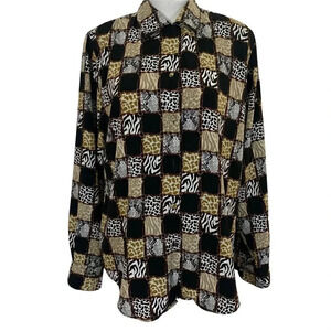 Le Caviar 80s Button Up Collared Blouse Patchwork Animal Print Medium